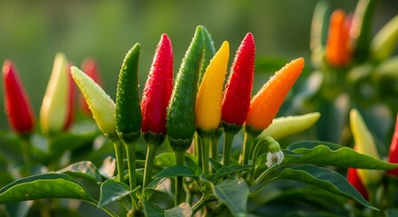 Naklejka premium Vibrant chili peppers growing in a garden with green leaves
