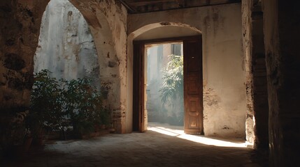 Fototapeta premium A serene interior scene with a door and archway, showcasing an old stone structure with lush plants indoors.