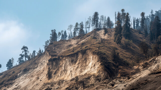 Barren Hillside with Eroded Earth and Sparse Trees Under Clear Sky