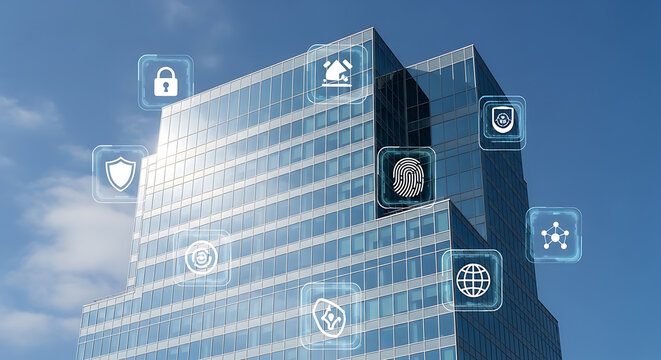 Modern corporate skyscraper facade with reflective glass panes featuring digital security shield icons against a bright clear azure sky during daylight representing cyber protection
