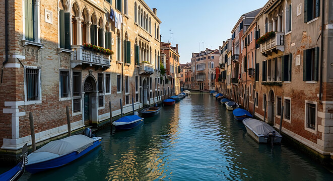 Picturesque morning view of traditional wooden watercraft moored along a narrow waterway flanked by ancient Italian architecture and colorful historic houses in Venice, Italy.