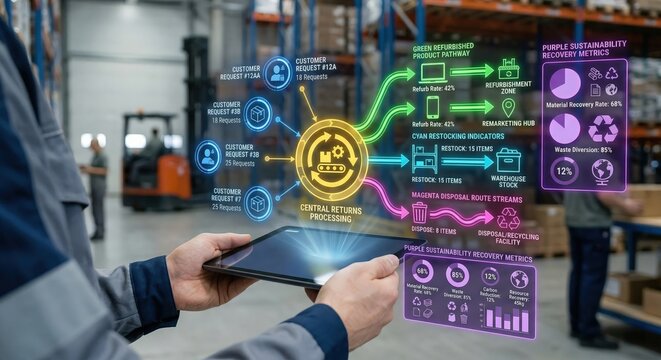 Holographic reverse logistics and returns management dashboard showing returns processing, refurbished products and restocking indicators for returns optimization and sustainability recovery metrics