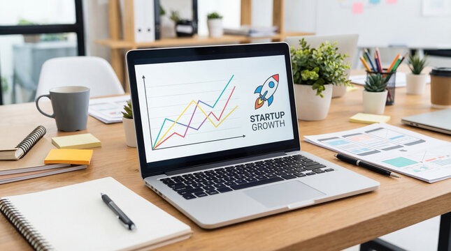 Laptop displaying startup growth chart on a wooden desk with office supplies
