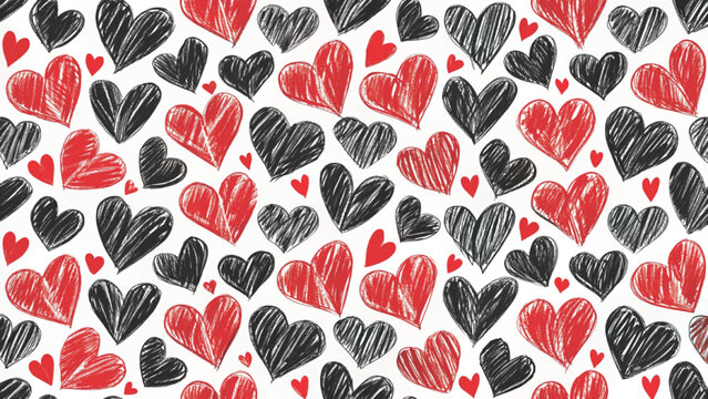Hand-drawn doodle hearts pattern, black outline hearts with soft pink accents
