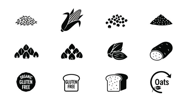 Gluten free food icons, wheat grain symbols, oats signs, baking elements