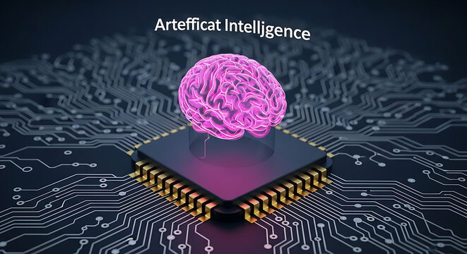 Advanced artificial intelligence semiconductor microprocessor featuring a glowing human brain illustration integrated into a futuristic electronic circuit board and neural network hardware.