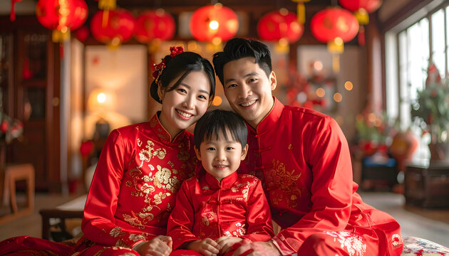 
A smiling mother and her young child share a moment of pure happiness while enjoying a Chinese New Year celebration filled with festive decorations and holiday gifts for the whole fami