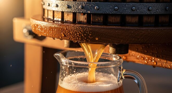 Fresh Squeezed Juice Pouring From Traditional Wooden Press Into Glass Pitcher