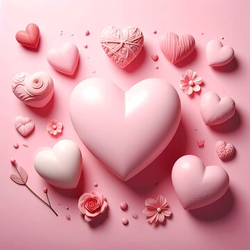 Assortment of pink heart shapes, flowers, and decorations scattered on a smooth surface
