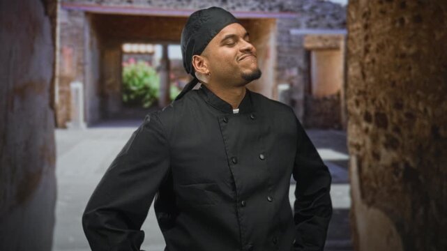 Hispanic man chef in black uniform, beard and goatee, hands on hips, eyes closed in a smug pose, standing in a stone building corridor with archway and courtyard view; pride.
