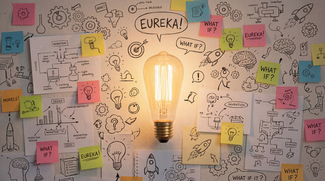 Conceptual illustration of an illuminated light bulb against a white board with ideas and sketches