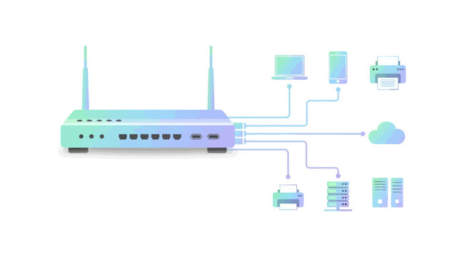 Modern Network Router Connecting Devices and Cloud Services
