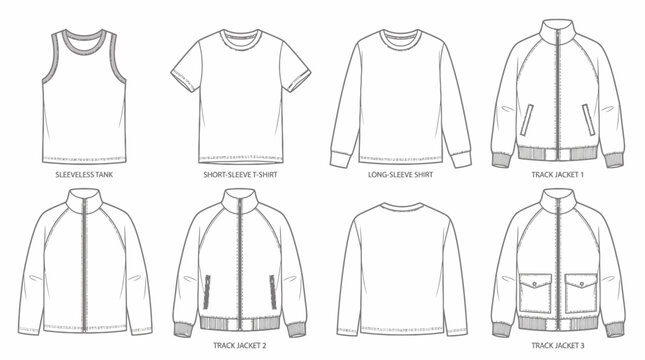 technical fashion flat sketches set of various apparel including t-shirt long sleeve tank top and track jackets on white background, illustrating garment production and provides design templates