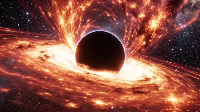 Black Hole and Fiery Accretion Disk - An video of a black hole with a bright fiery accretion disk of plasma surrounding it.