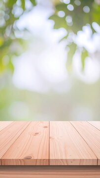 Wooden Tabletop with Green Bokeh Background: A smooth wooden tabletop offers a grounded foreground, contrasting with the soft, ethereal bokeh of a verdant background.