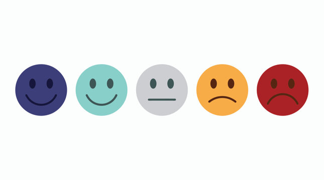 row of five colorful circular emoji faces showing range of expressions from happy to sad on white background, symbolizing customer satisfaction survey or user experience feedback rating system
