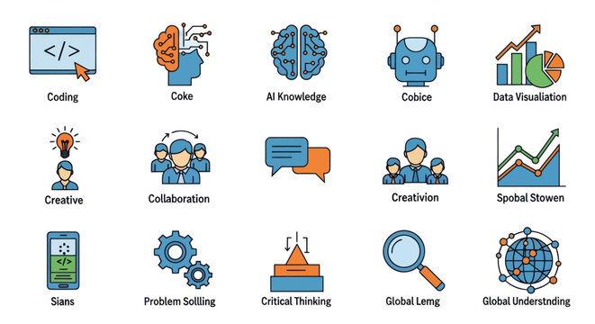 Tech Icons: Coding, AI, Data, Collaboration, Innovation, Global Concepts
