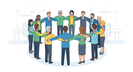 Obraz premium Diverse group of colleagues standing in a circle with arms around each other's shoulders, fostering a sense of unity and teamwork in a modern office environment