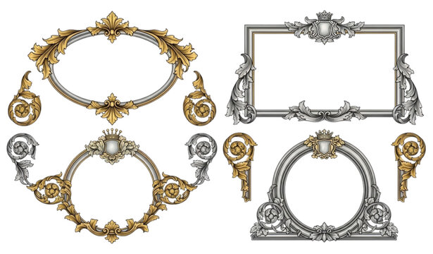 Luxury rococo baroque ornate frames vector set with gold silver and mint decorative borders