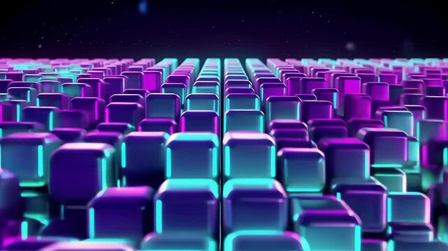 Abstract digital cube wall, seamless grid of 3D cubes forming a futuristic surface, glowing with vibrant neon colors (blue, purple, cyan, magenta)