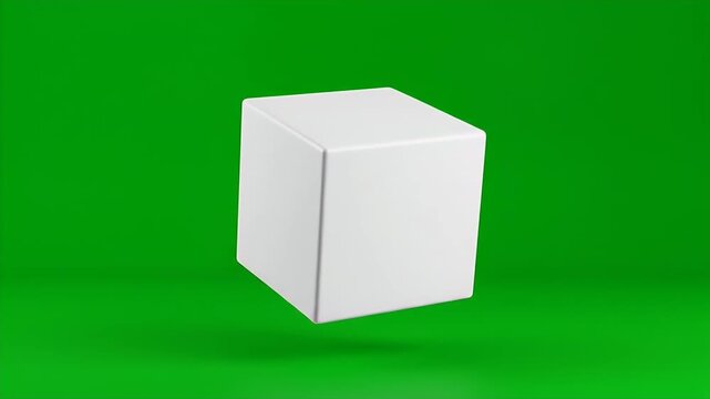 White Cube on Green Background - A white cube hovers in mid-air, casting a soft shadow on a vibrant green background. The clean lines of the cube offer a modern, minimalist aesthetic.