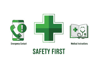 Fototapeta premium Safety First Concept. Emergency Medical Icon Set. Flat Vector Illustration. Health and Safety Awareness.