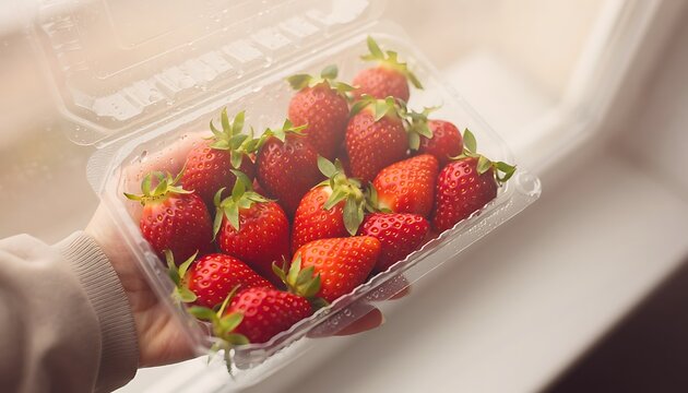 A hand holds a clear plastic clamshell container filled with fresh bright red strawberries