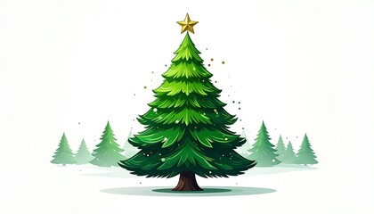 Obraz premium Cartoon illustration of a vibrant green Christmas tree with a golden star on top