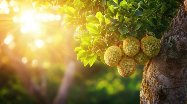 Young Jackfruit Tree Bearing Unripe Fruits at Golden Hour