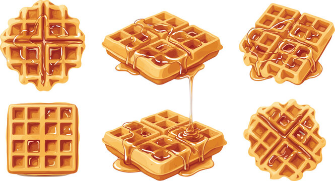 Delicious waffle collection vector illustration with syrup drizzle in different angles and shapes perfect for breakfast menu, food design and dessert concepts