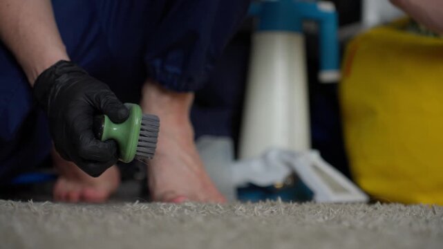Powerful Carpet Cleaning. Meticulous Manual Agitation Before Extracting Dirt From Carpet. Applying Concentrated Strokes To Thoroughly Cleanse Textured Carpet Surface With Round Brush And Foam