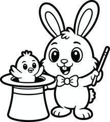 Fototapeta premium Bunny Magician, A Whimsical Magic Show Featuring a Surprising Chick in a Top Hat Coloring Page