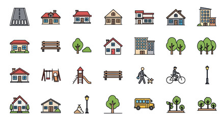 Pixel Art City Icons: Houses, Buildings, Park, Bus, Car, People, Trees © Jambu