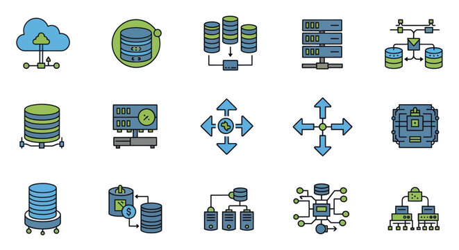 Data Storage and Network Icons: Cloud, Servers, Databases, Chipset, Network Diagram
