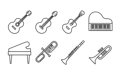 Fototapeta premium A collection of simple black and white line art icons representing various musical instruments set