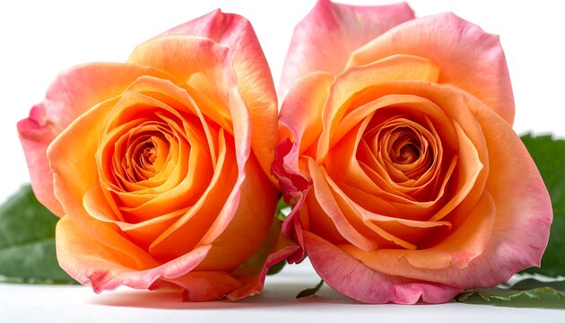 Two orange roses with pink edges