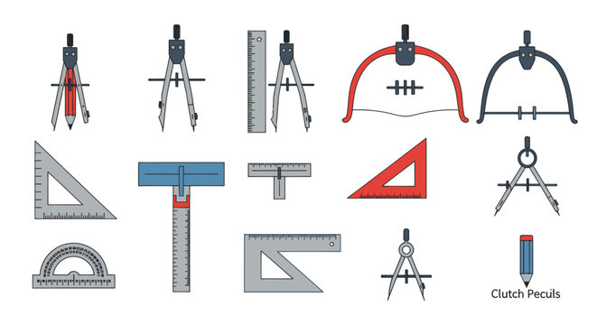 Geometry Tools Set: Compasses, Rulers, Set Squares, Protractor, T-Square