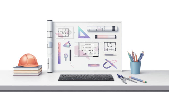 Architectural blueprints, drafting tools, and hard hat on desk with white background.