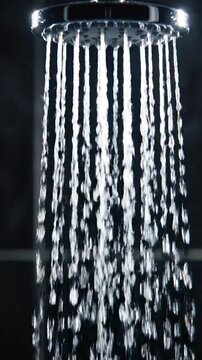 Water streams falling from a modern shower head in a steamy environment
