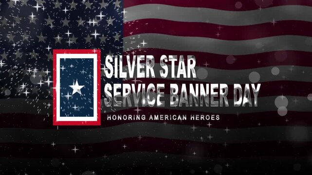 Silver star service banner day text animation with waving flag and fireworks, perfect for patriotic events, military holidays, and veterans day promotions.