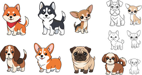 Obraz premium Cartoon Dog Set Featuring Breeds, Poses, and Silhouettes for Pet Lovers and Animal Illustrations