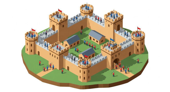 Isometric Medieval Castle Illustration with Walls and Towers.
