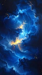 Obraz premium A vibrant, swirling blue and gold abstract cosmic scene