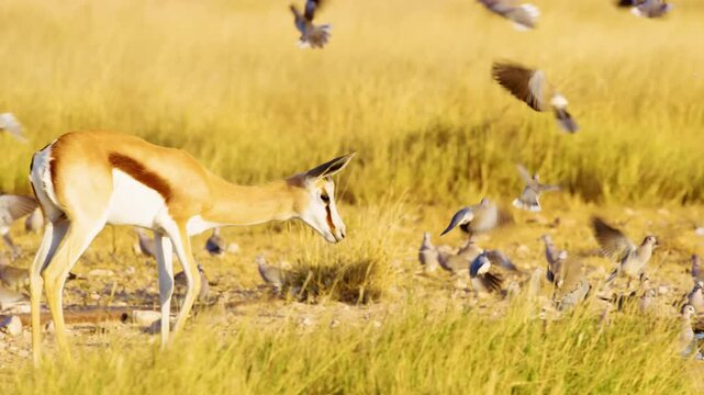 A springbok antelope drinking water from a Water point in Savanah with birds