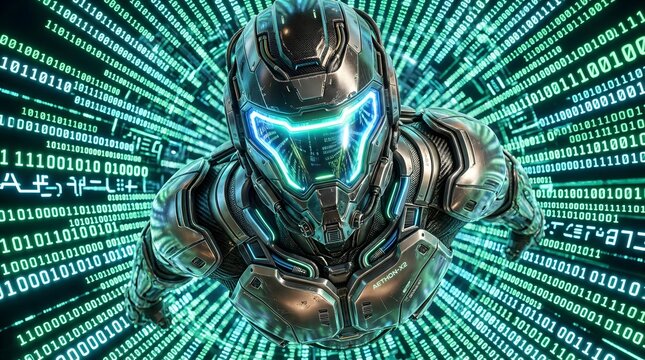 Futuristic Cybernetic Soldier Emerging from a Digital Matrix of Binary Code, Representing Advanced Technology and Cybersecurity