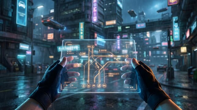 Futuristic city skyline with holographic map interface in hands, depicting a metropolitan transit system in a neon-lit urban environment with aerial vehicles