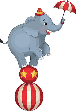 Cute elephant balancing on ball with umbrella cartoon circus character playful animal vector illustration