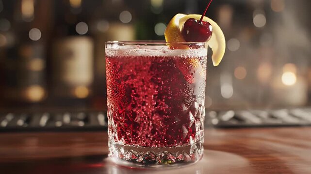 Elegant Cocktail at the Bar - A sparkling red cocktail sits on a dimly lit bar, garnished with a lemon peel and maraschino cherry. The glass is decorated with a diamond pattern.