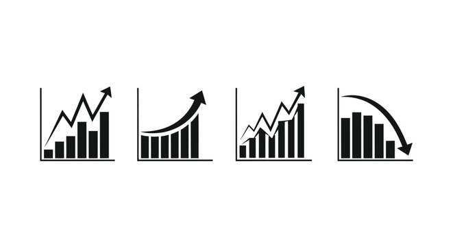 Collection of simple black and white vector illustrations representing business growth and decline charts
