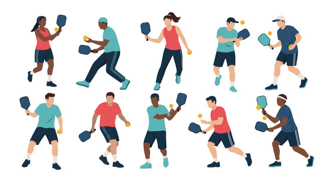 Large set of diverse people playing pickleball in various active poses like serving, hitting, and running on court.